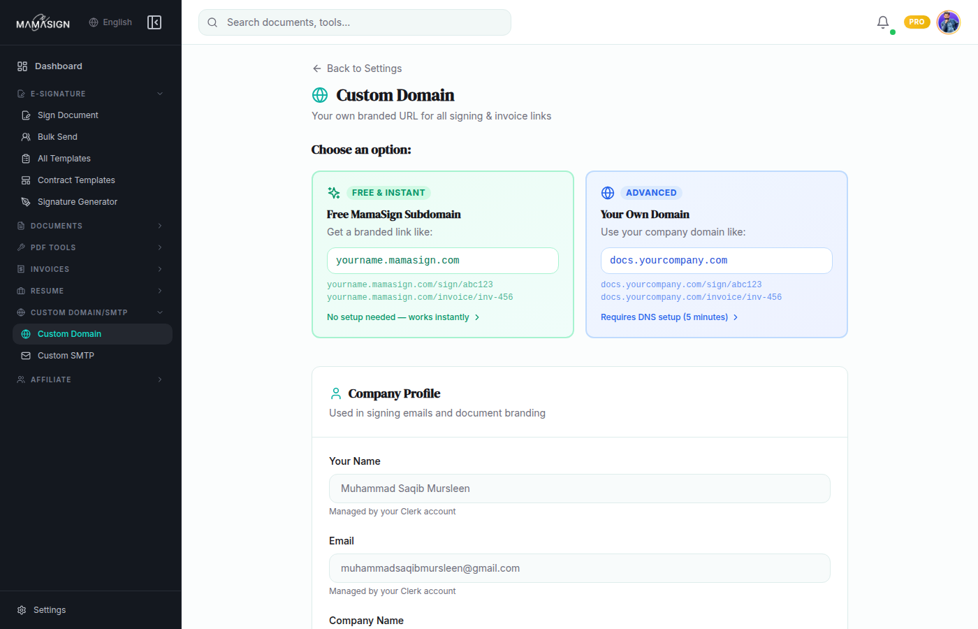 MamaSign custom domain settings interface