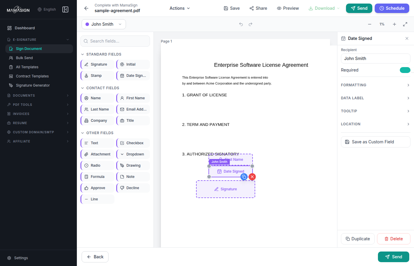 MamaSign document editor with signing fields and send controls