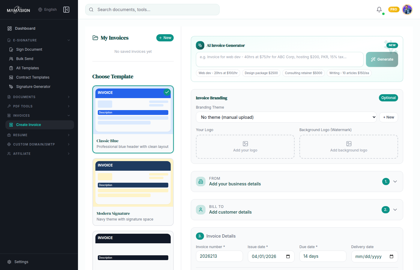 MamaSign invoice interface